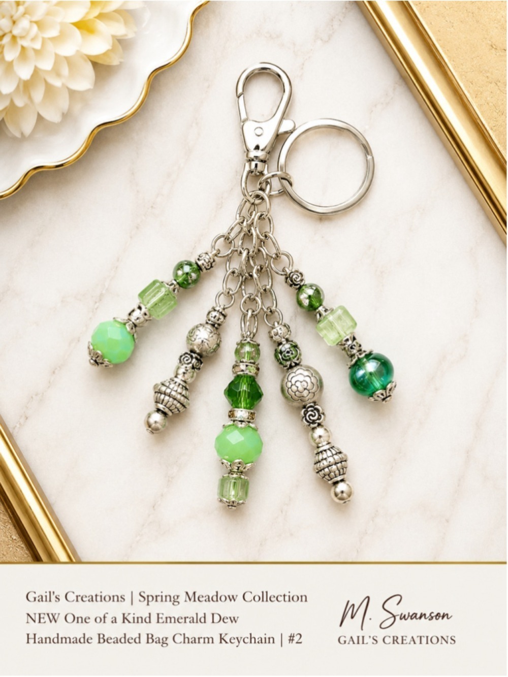 NEW One of a Kind Emerald Dew Handmade Beaded Bag Charm Keychain (#2)
